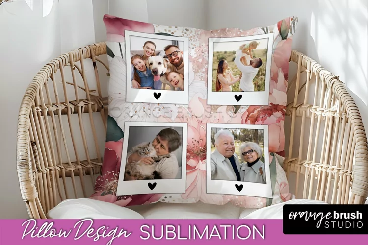 Family Photo Frame Pillow Sublimation - Floral Pillow Cover