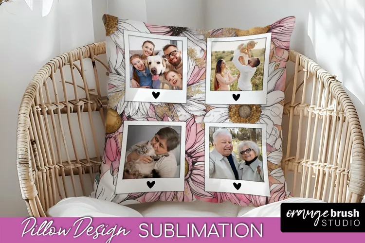 Family Photo Frame Pillow Sublimation - Floral Pillow Cover