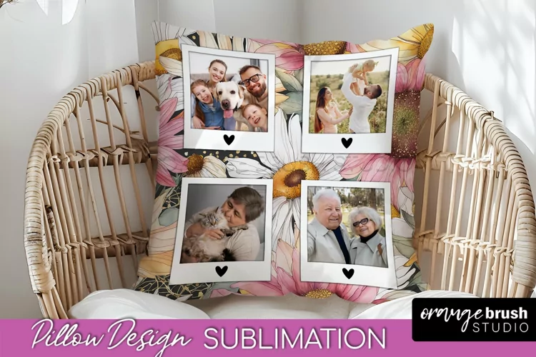 Family Photo Frame Pillow Sublimation - Floral Pillow Cover