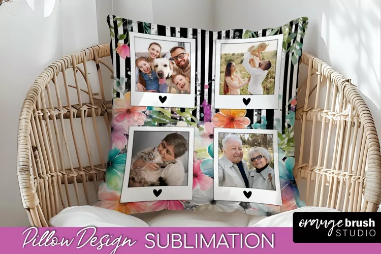 Family Photo Frame Pillow Sublimation - Floral Pillow Cover