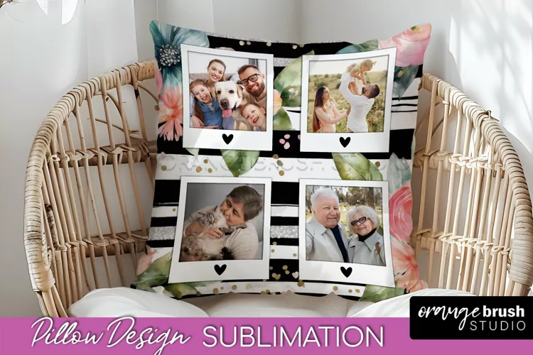 Family Photo Frame Pillow Sublimation - Floral Pillow Cover