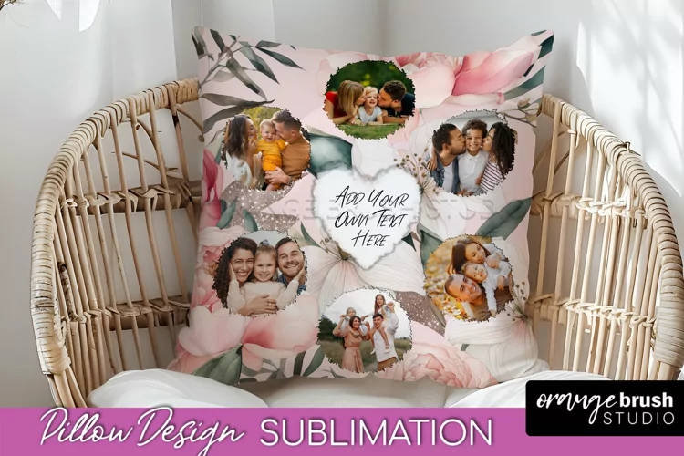 Family Photo Frame Pillow Sublimation - Floral Pillow Cover