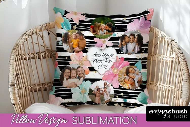 Family Photo Frame Pillow Sublimation - Floral Pillow Cover