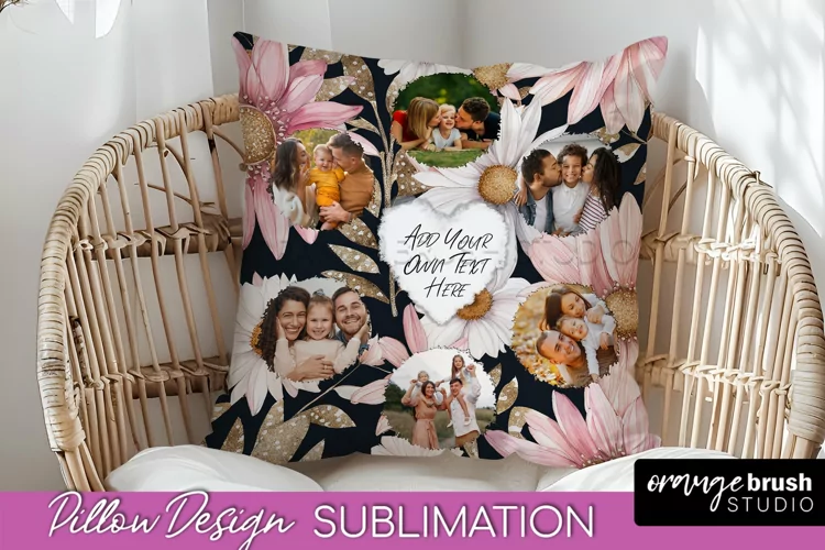 Family Photo Frame Pillow Sublimation - Floral Pillow Cover