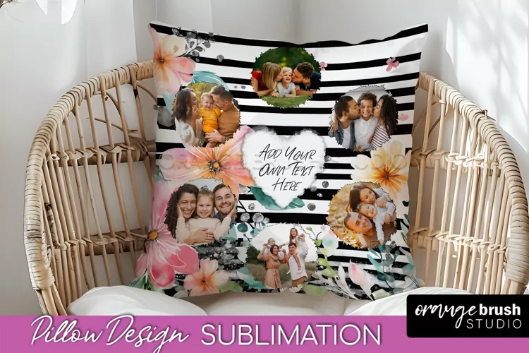 Family Photo Frame Pillow Sublimation - Floral Pillow Cover