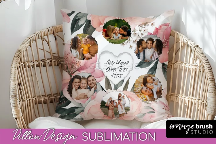 Family Photo Frame Pillow Sublimation - Floral Pillow Cover