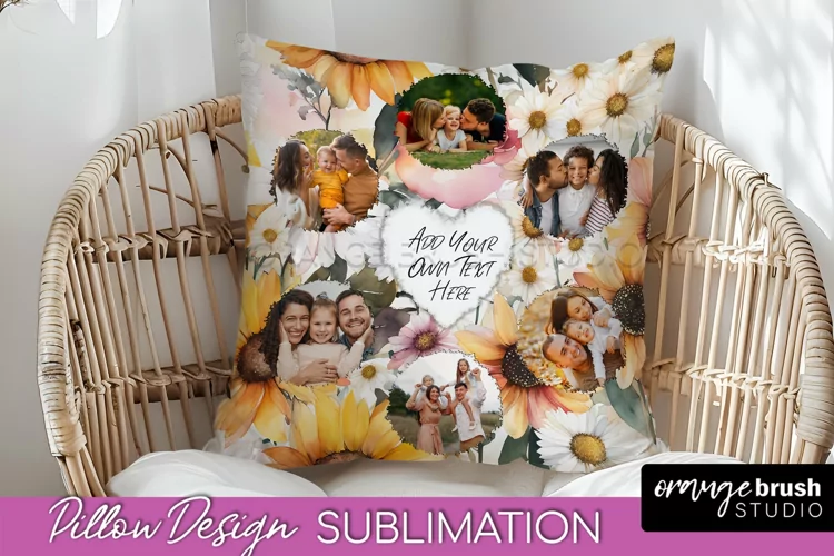 Family Photo Frame Pillow Sublimation - Floral Pillow Cover