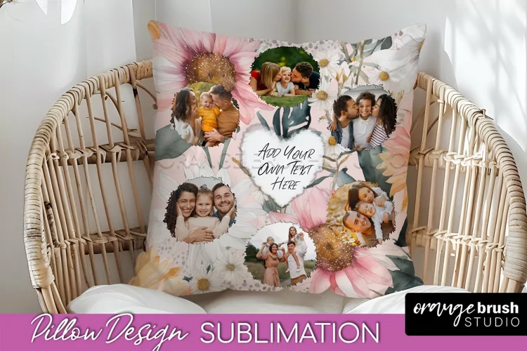 Family Photo Frame Pillow Sublimation - Floral Pillow Cover