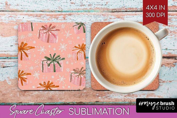Pink Christmas Square Coaster - Coquette Xmas Coaster PNG example image 1