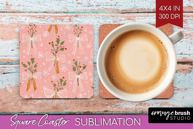 Pink Christmas Square Coaster - Coquette Xmas Coaster PNG
