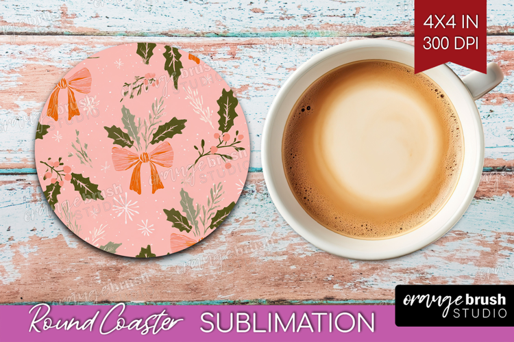 Pink Christmas Round Coaster - Coquette Xmas Coaster PNG