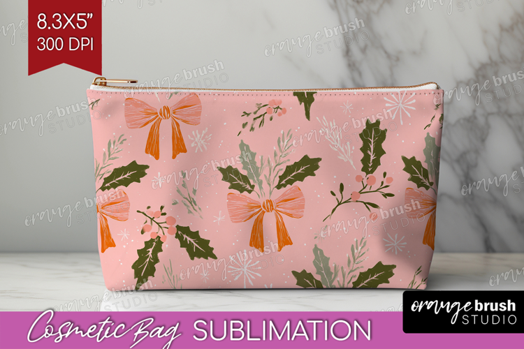 Pink Christmas Cosmetic Bag - Coquette Xmas Makeup Bag PNG