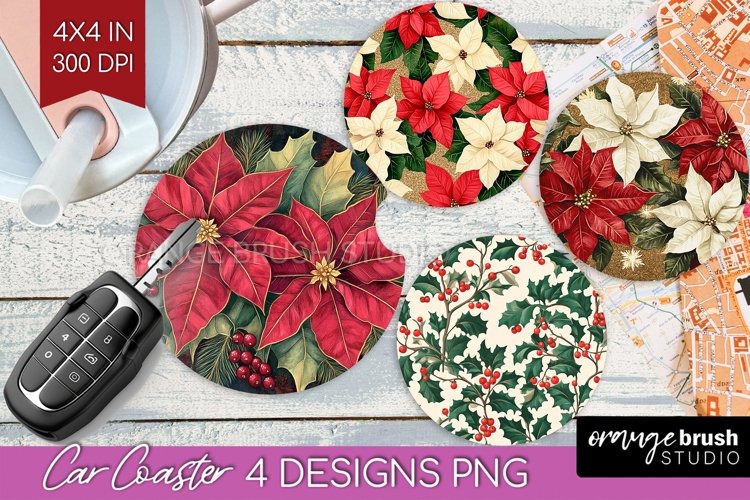 Poinsettia Car Coaster - Christmas Coaster PNG Sublimation