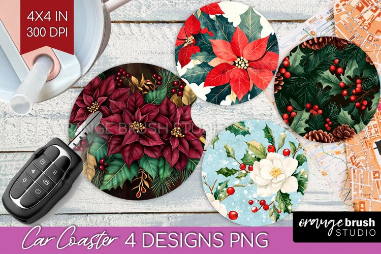 Poinsettia Car Coaster - Christmas Coaster PNG Sublimation