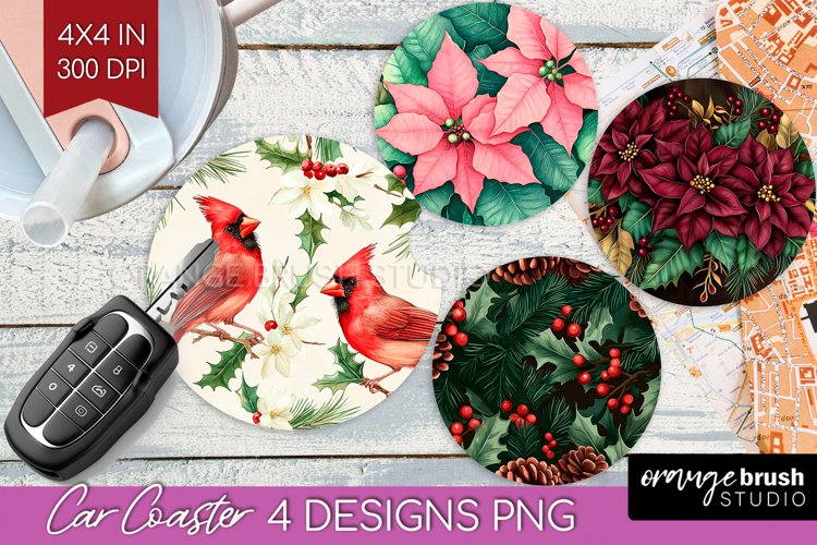 Poinsettia Car Coaster - Christmas Coaster PNG Sublimation