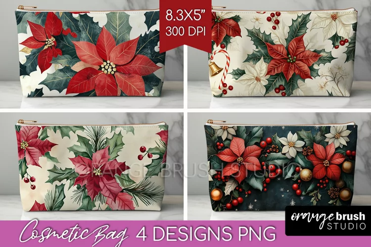 Poinsettia Cosmetic Bag - Christmas Makeup Bag PNG