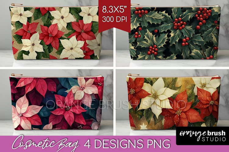 Poinsettia Cosmetic Bag - Christmas Makeup Bag PNG