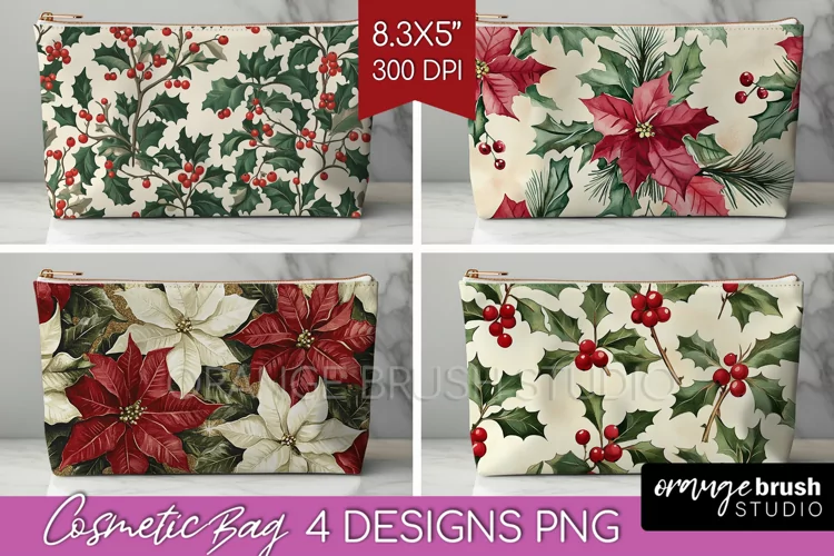 Poinsettia Cosmetic Bag - Christmas Makeup Bag PNG