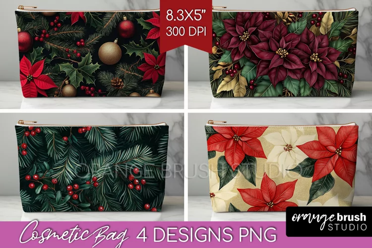 Poinsettia Cosmetic Bag - Christmas Makeup Bag PNG
