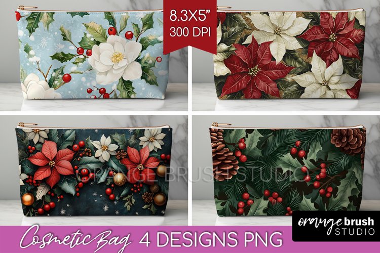 Poinsettia Cosmetic Bag - Christmas Makeup Bag PNG example image 1