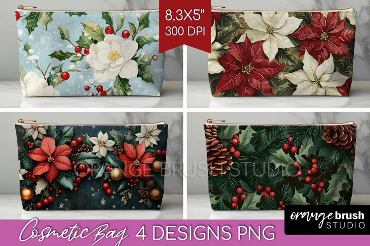 Poinsettia Cosmetic Bag - Christmas Makeup Bag PNG