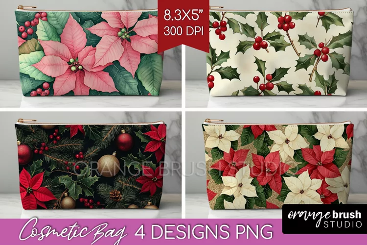 Poinsettia Cosmetic Bag - Christmas Makeup Bag PNG