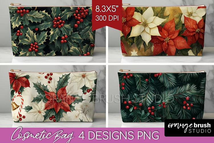 Poinsettia Cosmetic Bag - Christmas Makeup Bag PNG