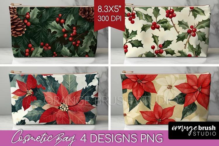 Poinsettia Cosmetic Bag - Christmas Makeup Bag PNG