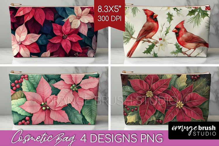 Poinsettia Cosmetic Bag - Christmas Makeup Bag PNG