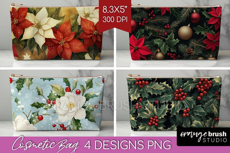 Poinsettia Cosmetic Bag - Christmas Makeup Bag PNG