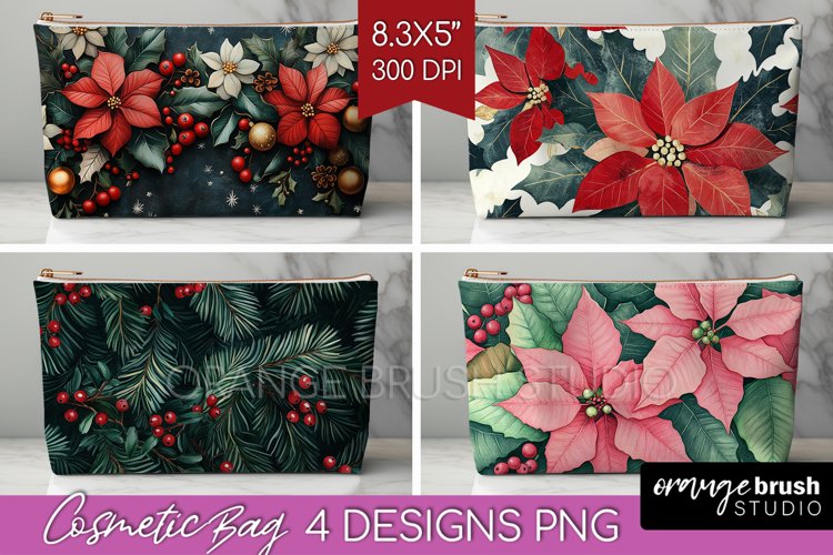 Poinsettia Cosmetic Bag - Christmas Makeup Bag PNG example image 1