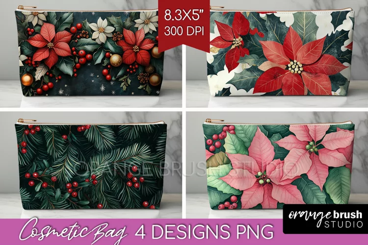 Poinsettia Cosmetic Bag - Christmas Makeup Bag PNG