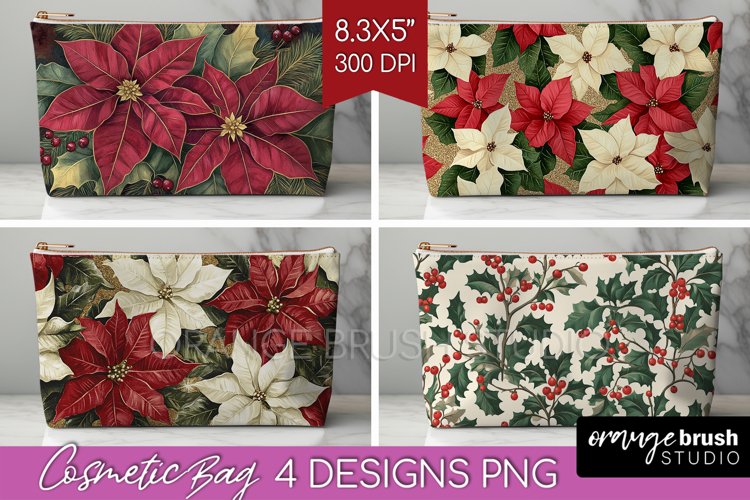 Poinsettia Cosmetic Bag - Christmas Makeup Bag PNG example image 1