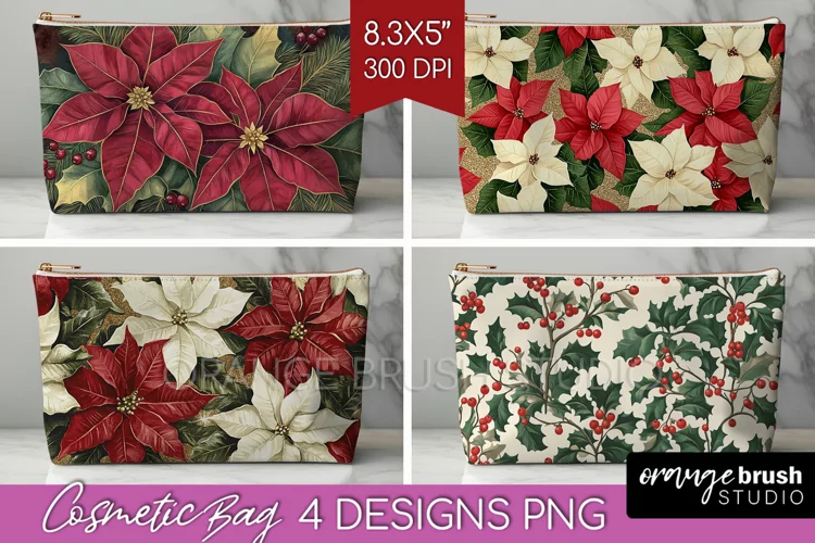 Poinsettia Cosmetic Bag - Christmas Makeup Bag PNG
