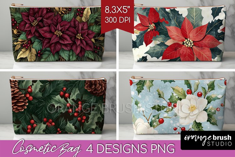 Poinsettia Cosmetic Bag - Christmas Makeup Bag PNG example image 1
