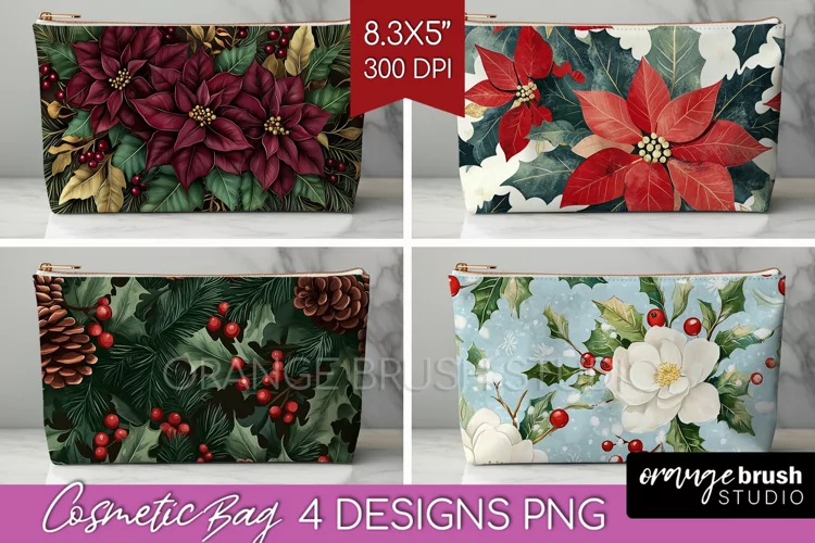 Poinsettia Cosmetic Bag - Christmas Makeup Bag PNG