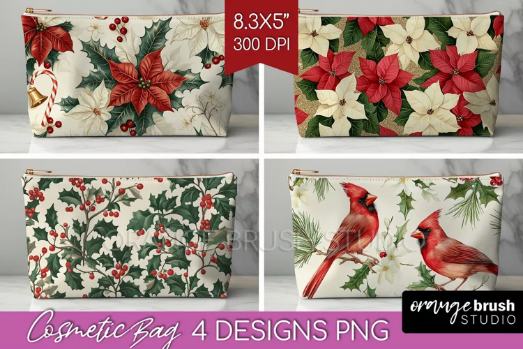 Poinsettia Cosmetic Bag - Christmas Makeup Bag PNG