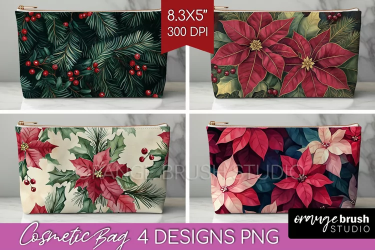 Poinsettia Cosmetic Bag - Christmas Makeup Bag PNG