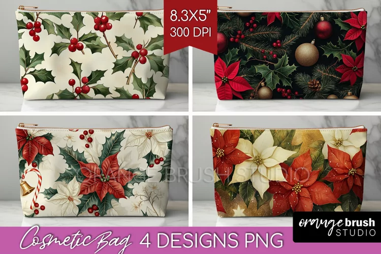 Poinsettia Cosmetic Bag - Christmas Makeup Bag PNG