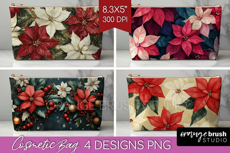 Poinsettia Cosmetic Bag - Christmas Makeup Bag PNG