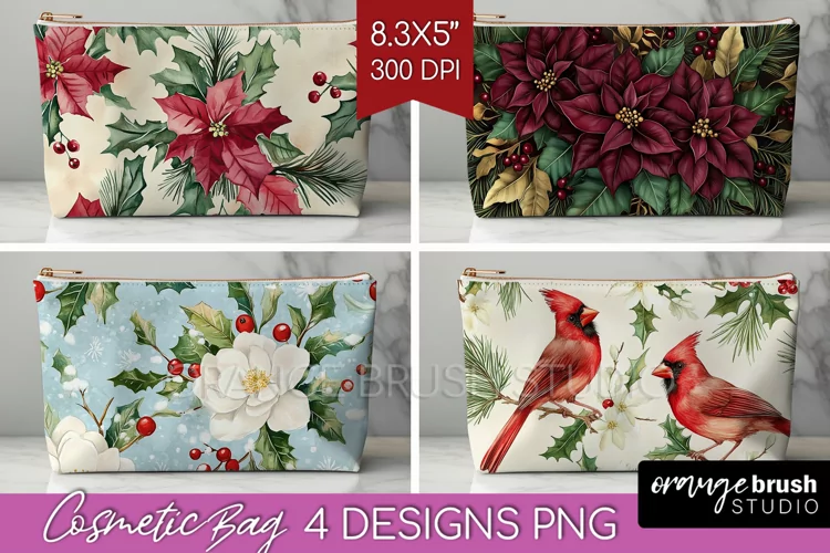 Poinsettia Cosmetic Bag - Christmas Makeup Bag PNG