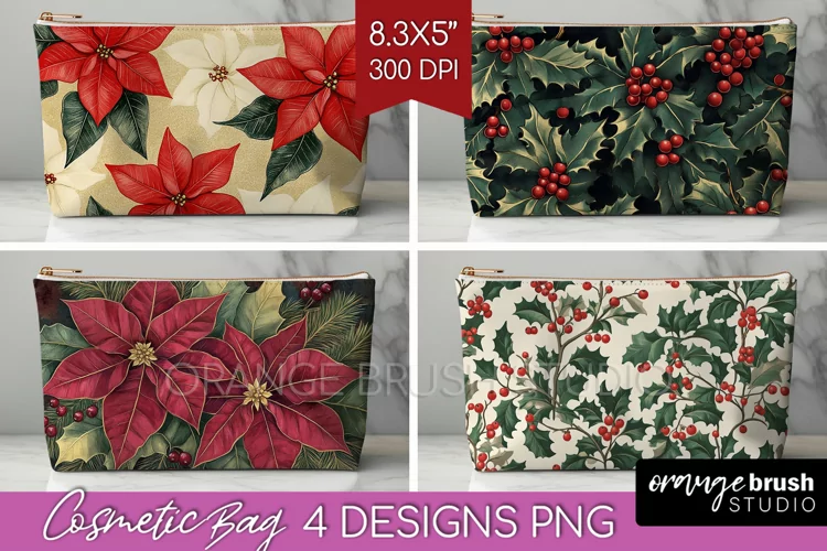 Poinsettia Cosmetic Bag - Christmas Makeup Bag PNG