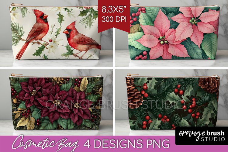 Poinsettia Cosmetic Bag - Christmas Makeup Bag PNG example image 1