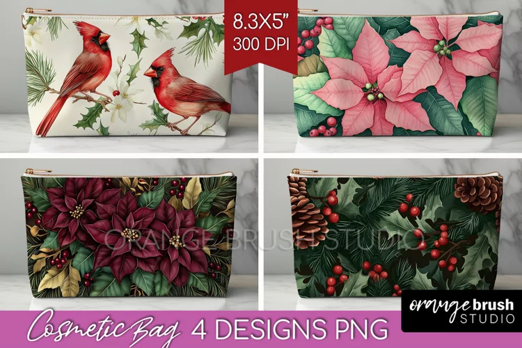 Poinsettia Cosmetic Bag - Christmas Makeup Bag PNG