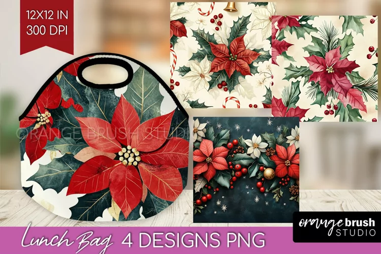 Poinsettia Lunch Bag - Christmas Lunch Bug PNG Sublimation