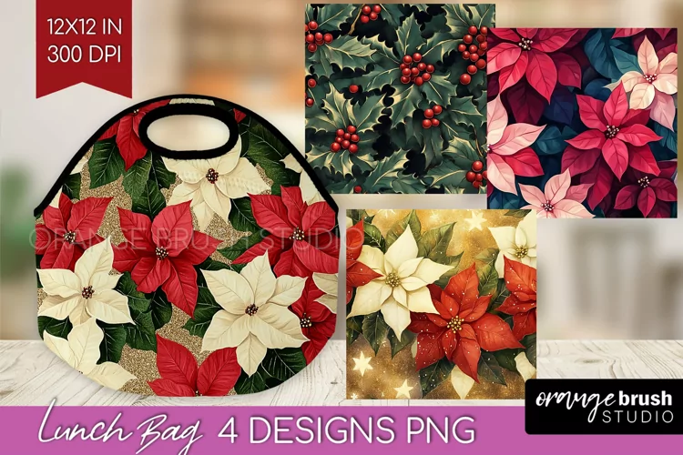 Poinsettia Lunch Bag - Christmas Lunch Bug PNG Sublimation