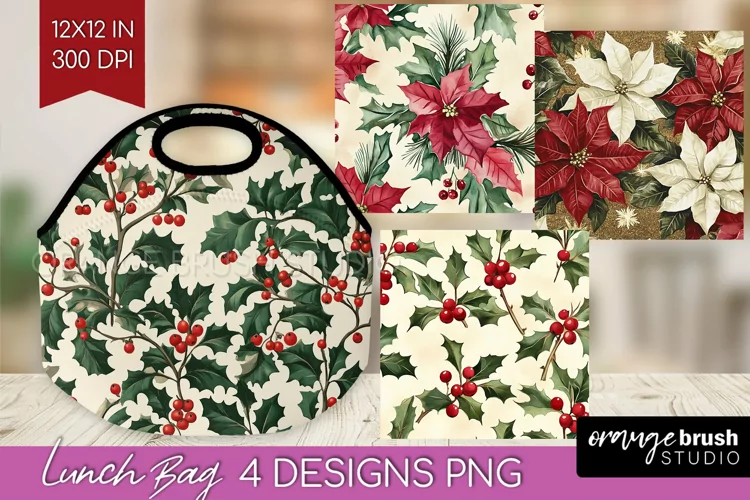 Poinsettia Lunch Bag - Christmas Lunch Bug PNG Sublimation
