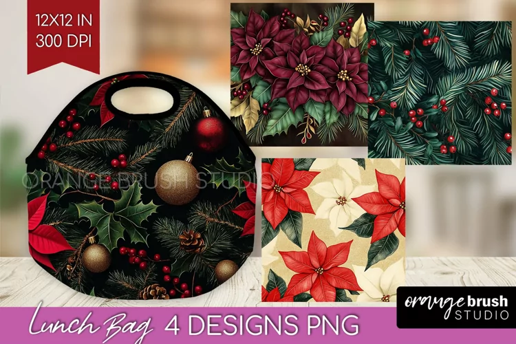 Poinsettia Lunch Bag - Christmas Lunch Bug PNG Sublimation