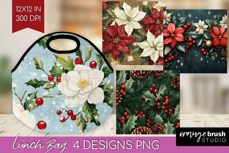 Poinsettia Lunch Bag - Christmas Lunch Bug PNG Sublimation