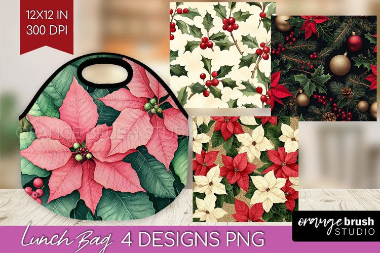 Poinsettia Lunch Bag - Christmas Lunch Bug PNG Sublimation example image 1